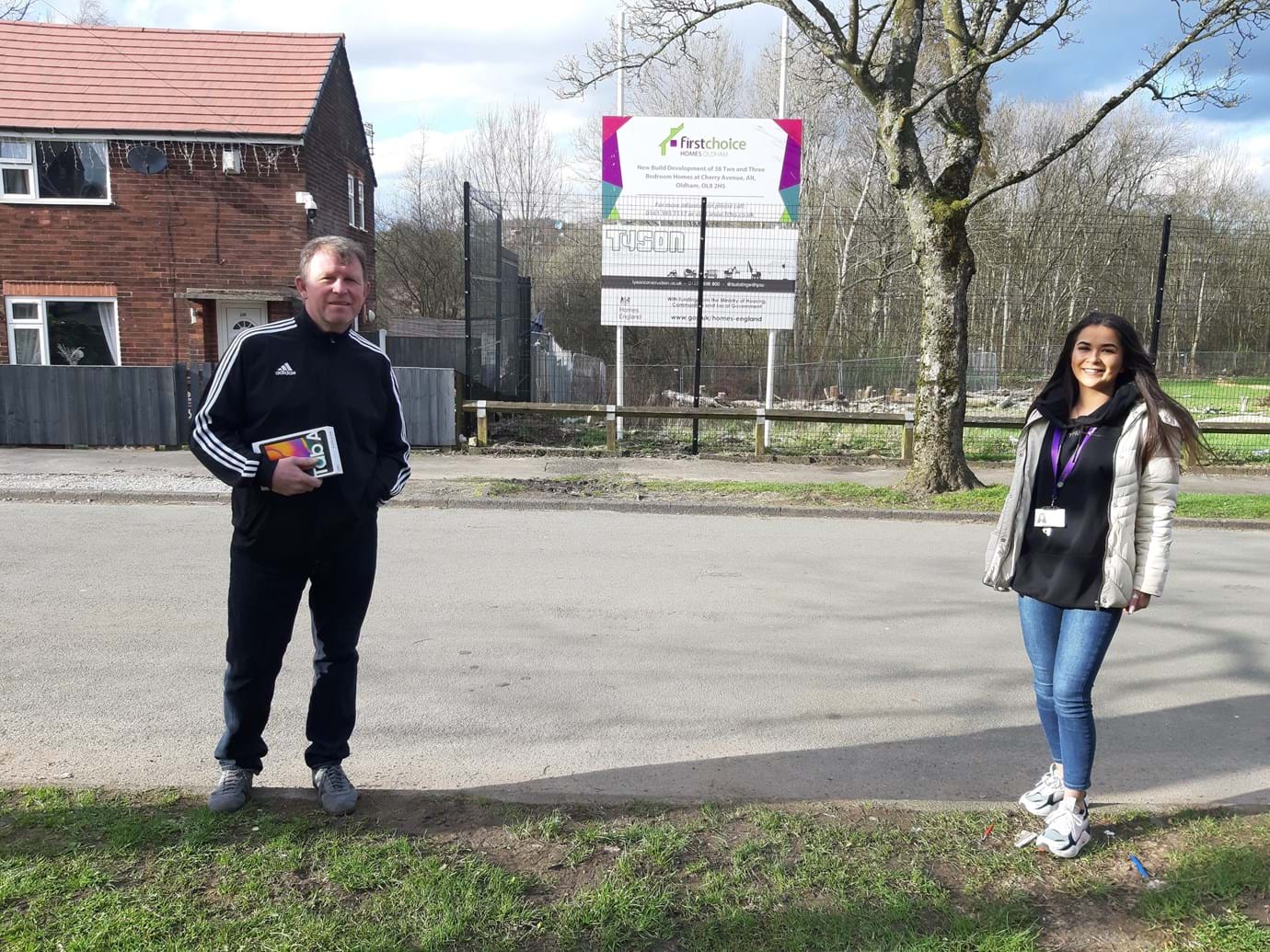 Streetnaming compatition winner, Competition winner Alan Tupman with Tanisha Rigby, FCHO Stronger Communities Officer