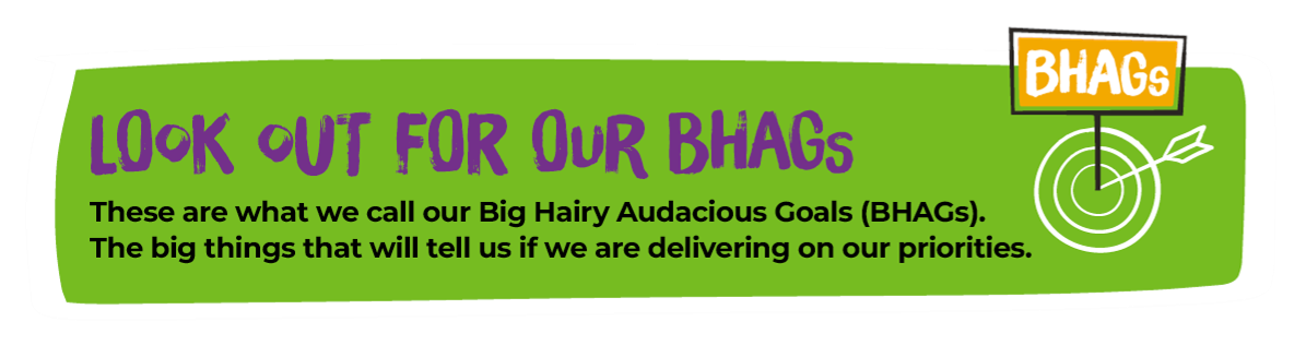 Our big hairy audacious goals (BHAGs) are the big things that will tell us if we're delivering on our priorities.